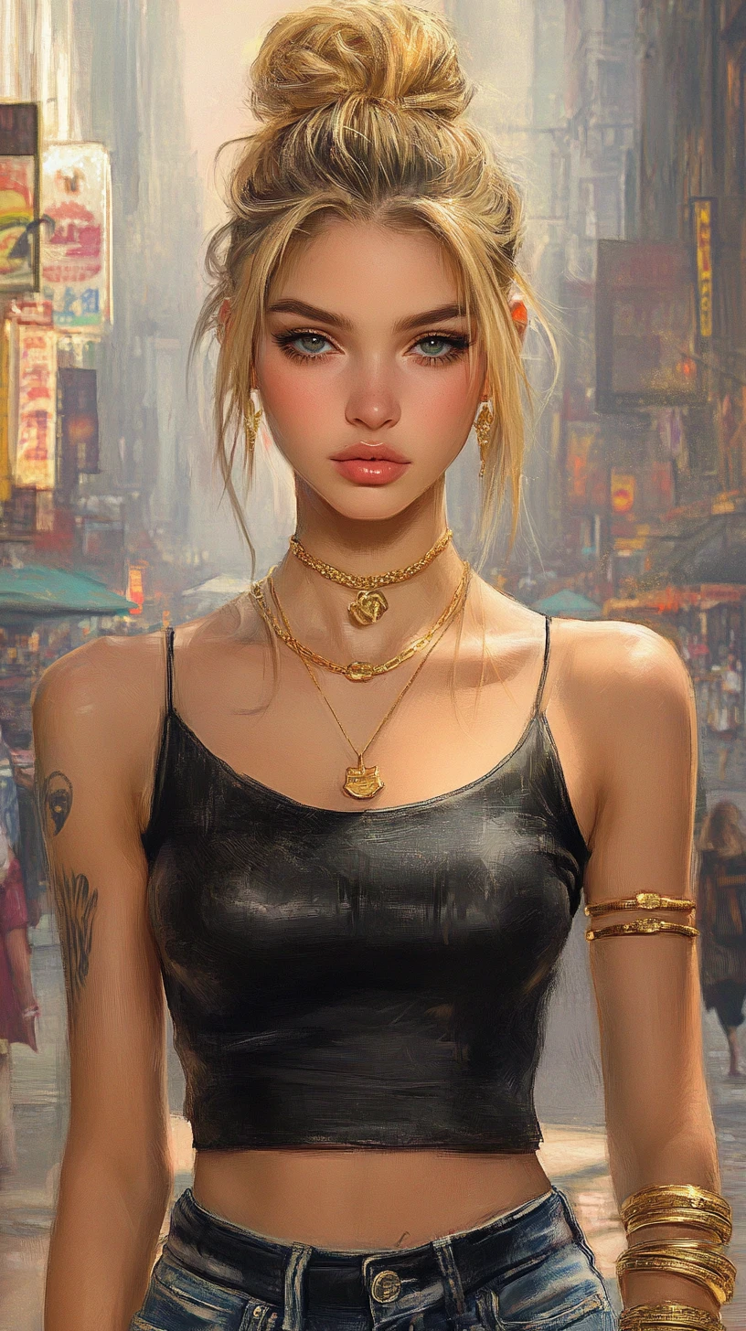 Cheerful blonde girl in leather top in the city