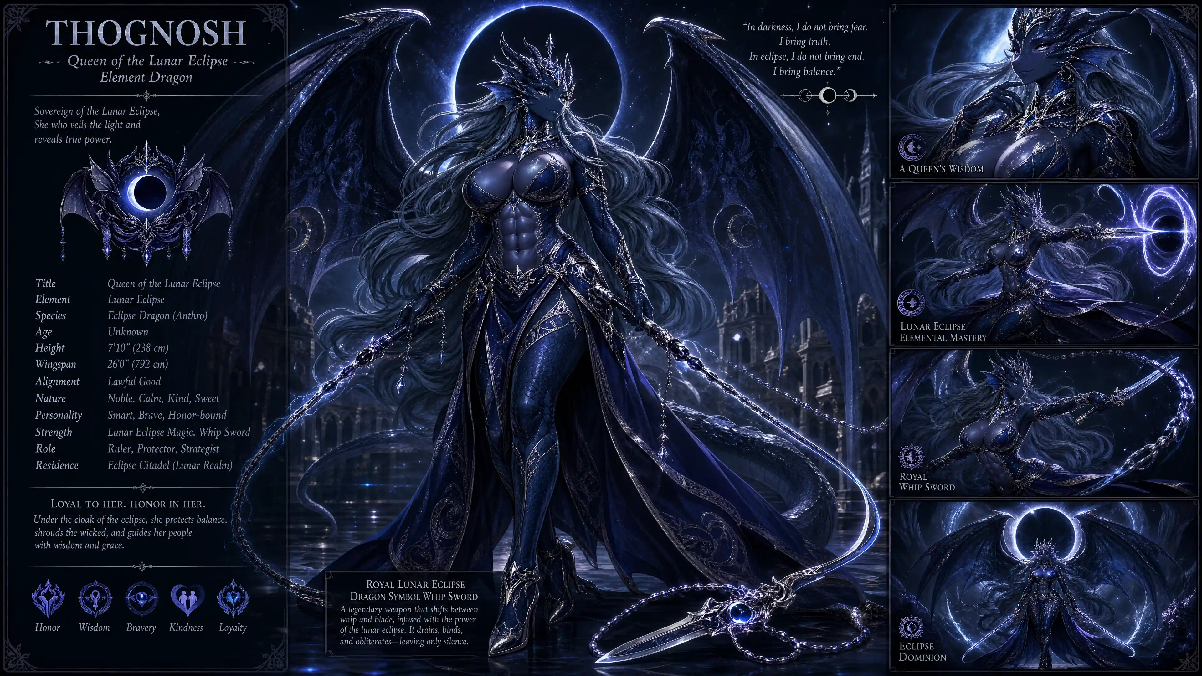 Regal winged dragon queen with lunar eclipse power