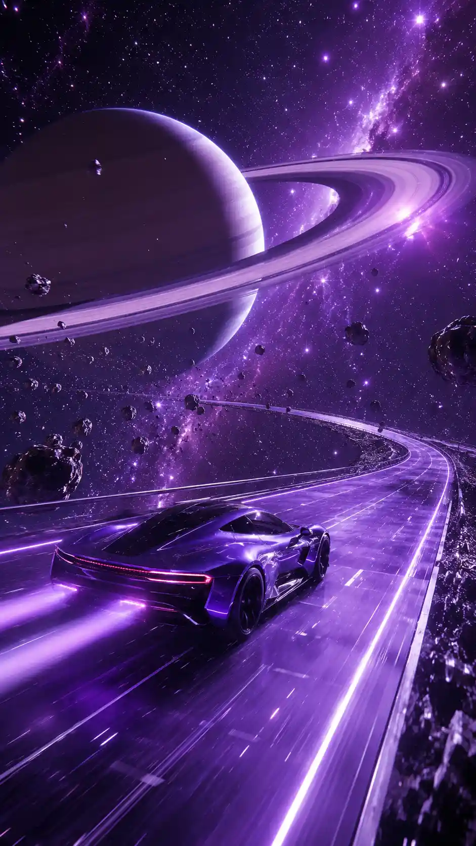 Futuristic sports car racing along a cosmic highway