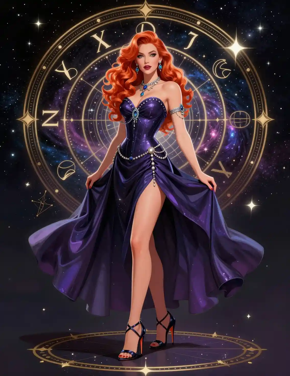 Redhead woman in stiletto heels and celestial formal dress