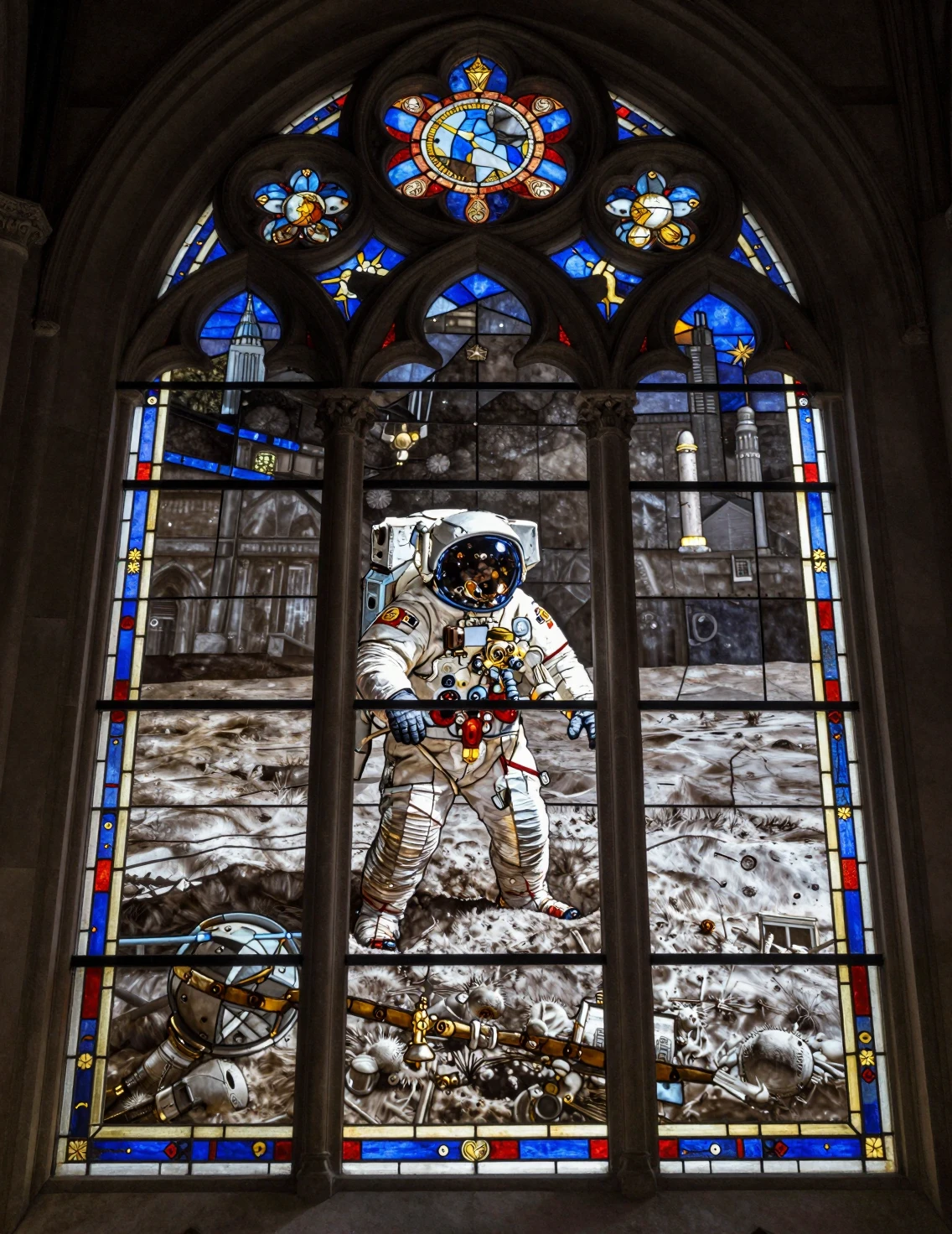Stained glass cathedral window depicting the Apollo 11 moon landing