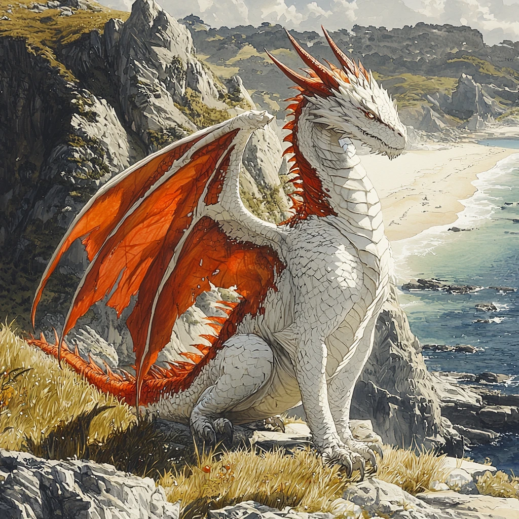 Red and white medieval dragon on a grassy mountain summit