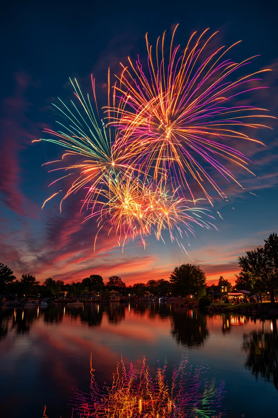 Fireworks glowing over a calm summer evening lake
