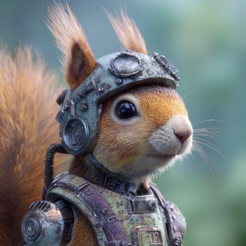 Squirrel In Futuristic Mech Suit With Soft Pastel Colors