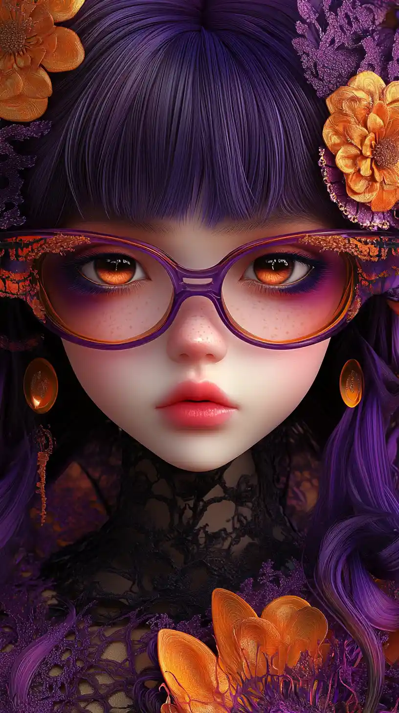 Violet haired cartoon girl with glasses in surreal style