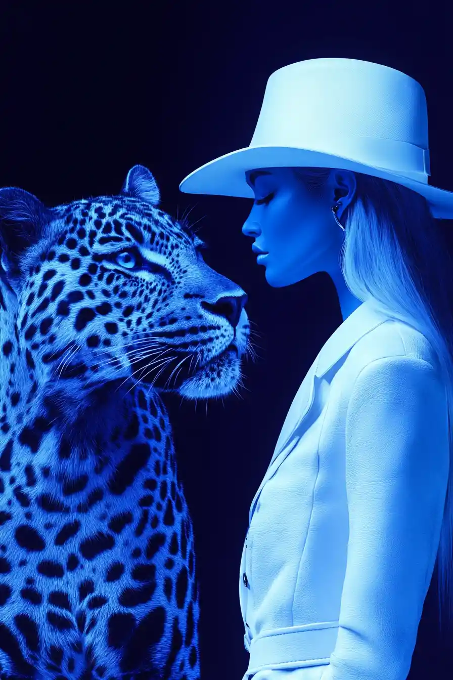 Blue fashion woman with white hat and cobalt leopard