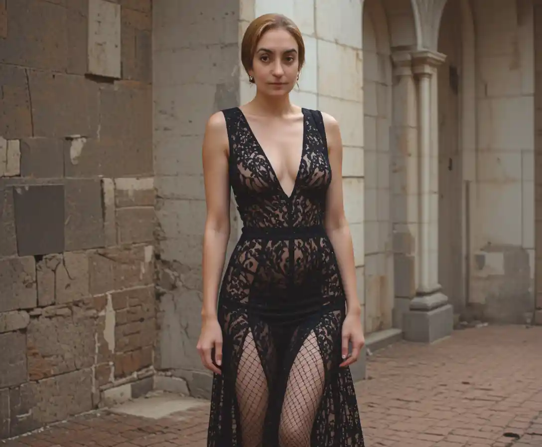 Blonde woman in black lace dress and high heels