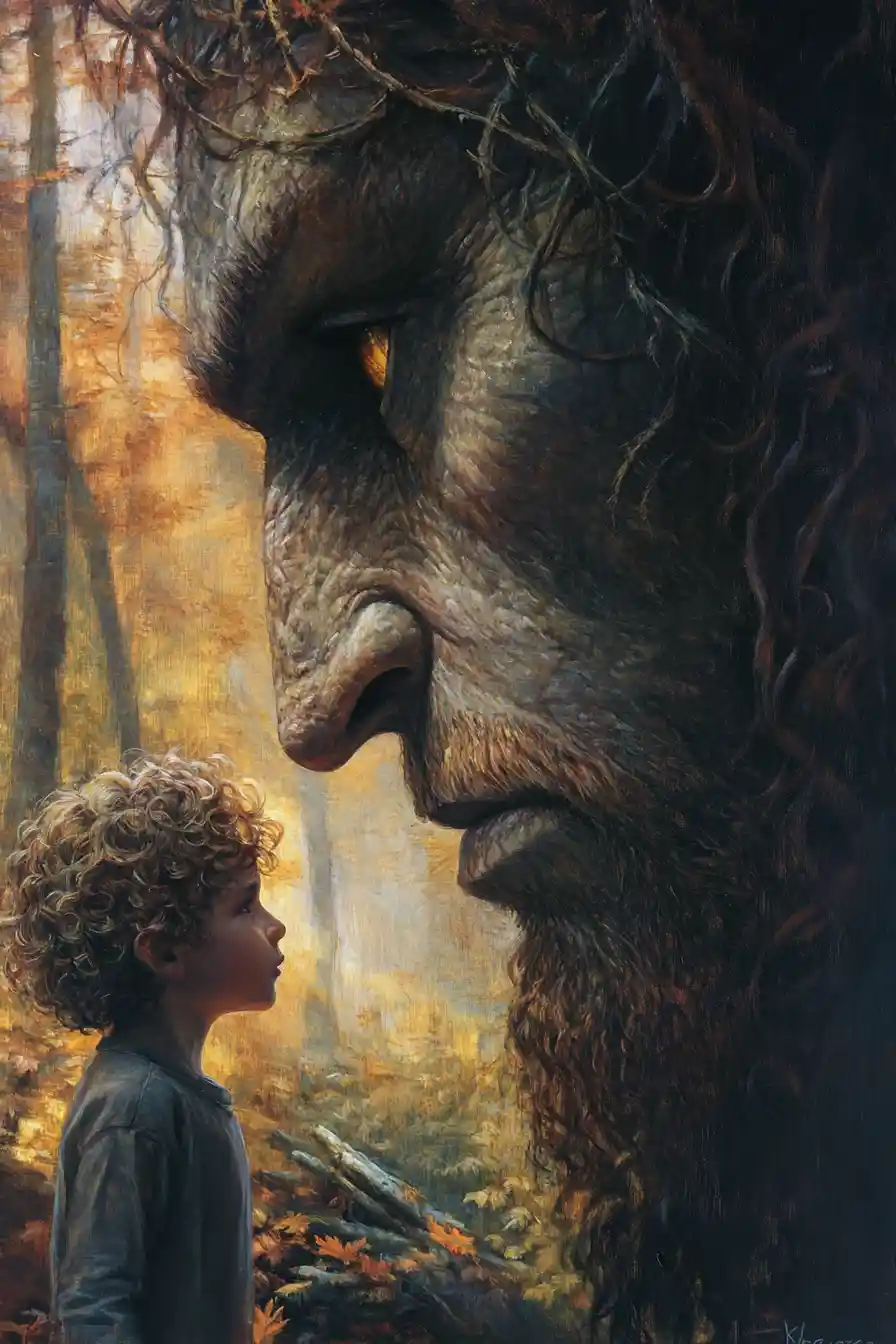 Young boy facing ancient giant in a sunlit forest