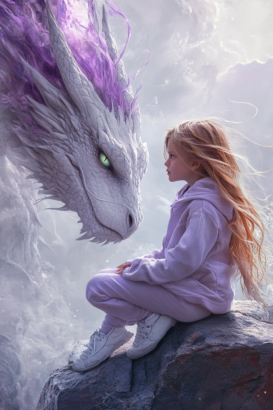 Girl and white dragon resting together in soft mist