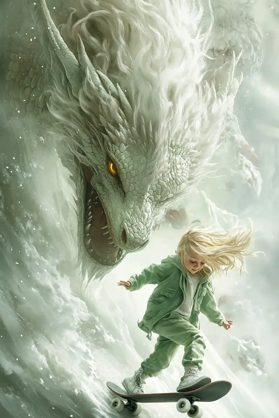 Young girl skateboarding beside a gentle white dragon