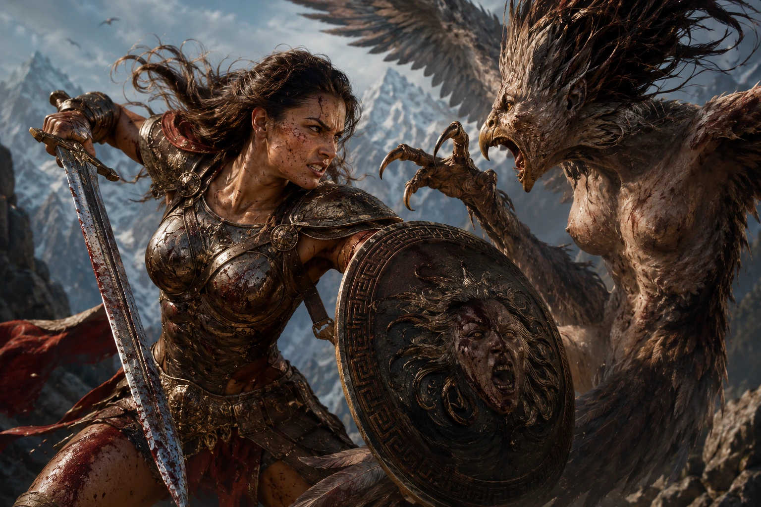 Fierce female warrior battling harpy in mountain pass