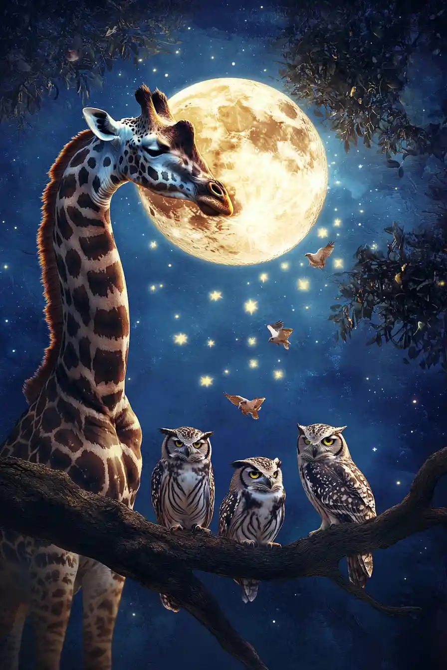 Giraffe Reaching For A Giant Moon In Starry Night Sky