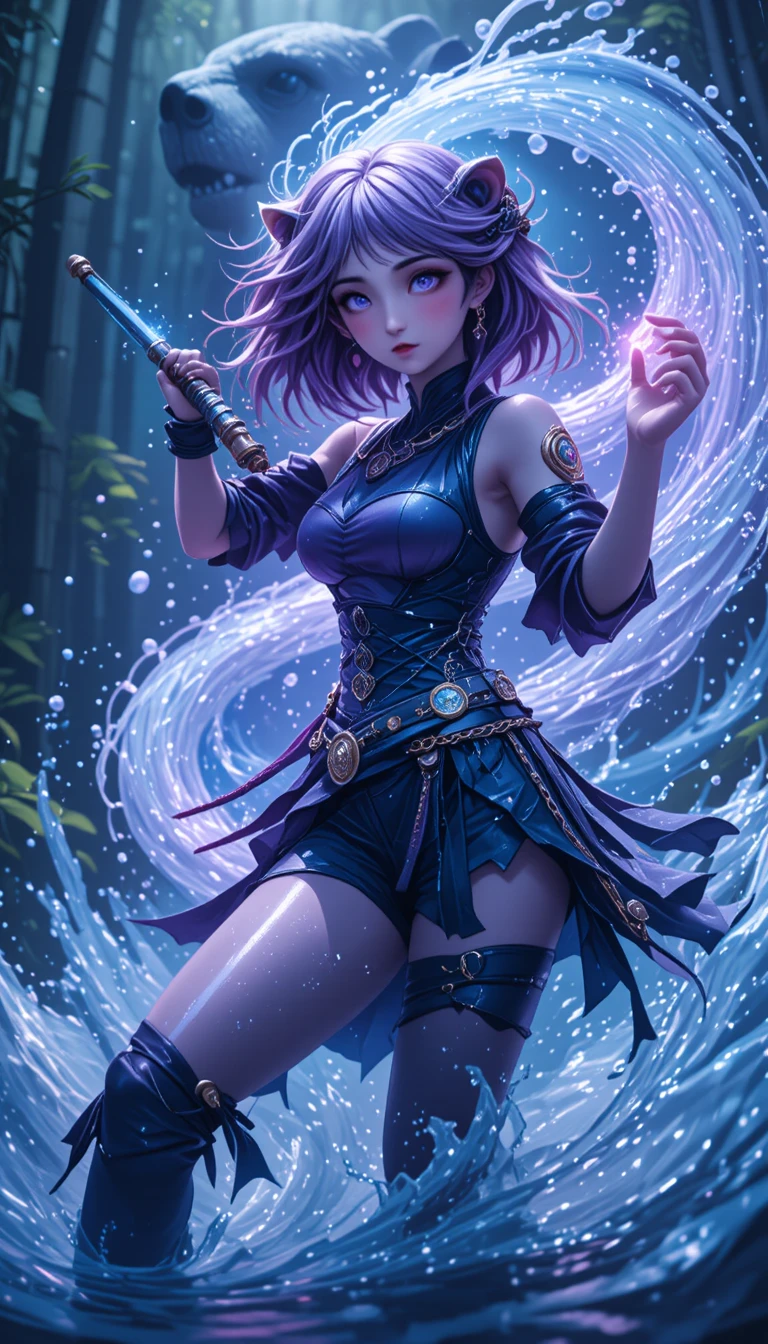 Anime warrior woman wielding water magic in bamboo forest