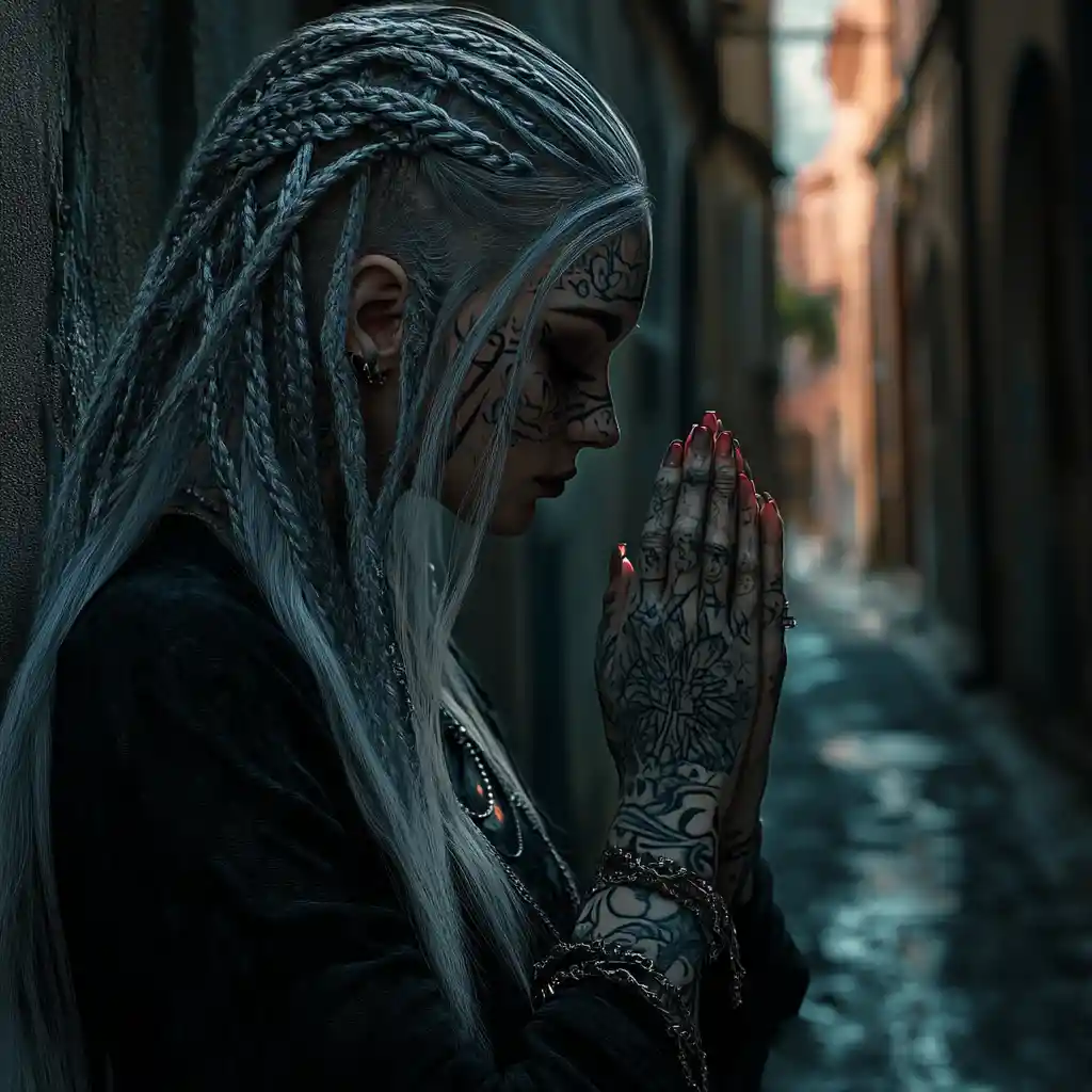 Young woman praying in a dark gothic city alley