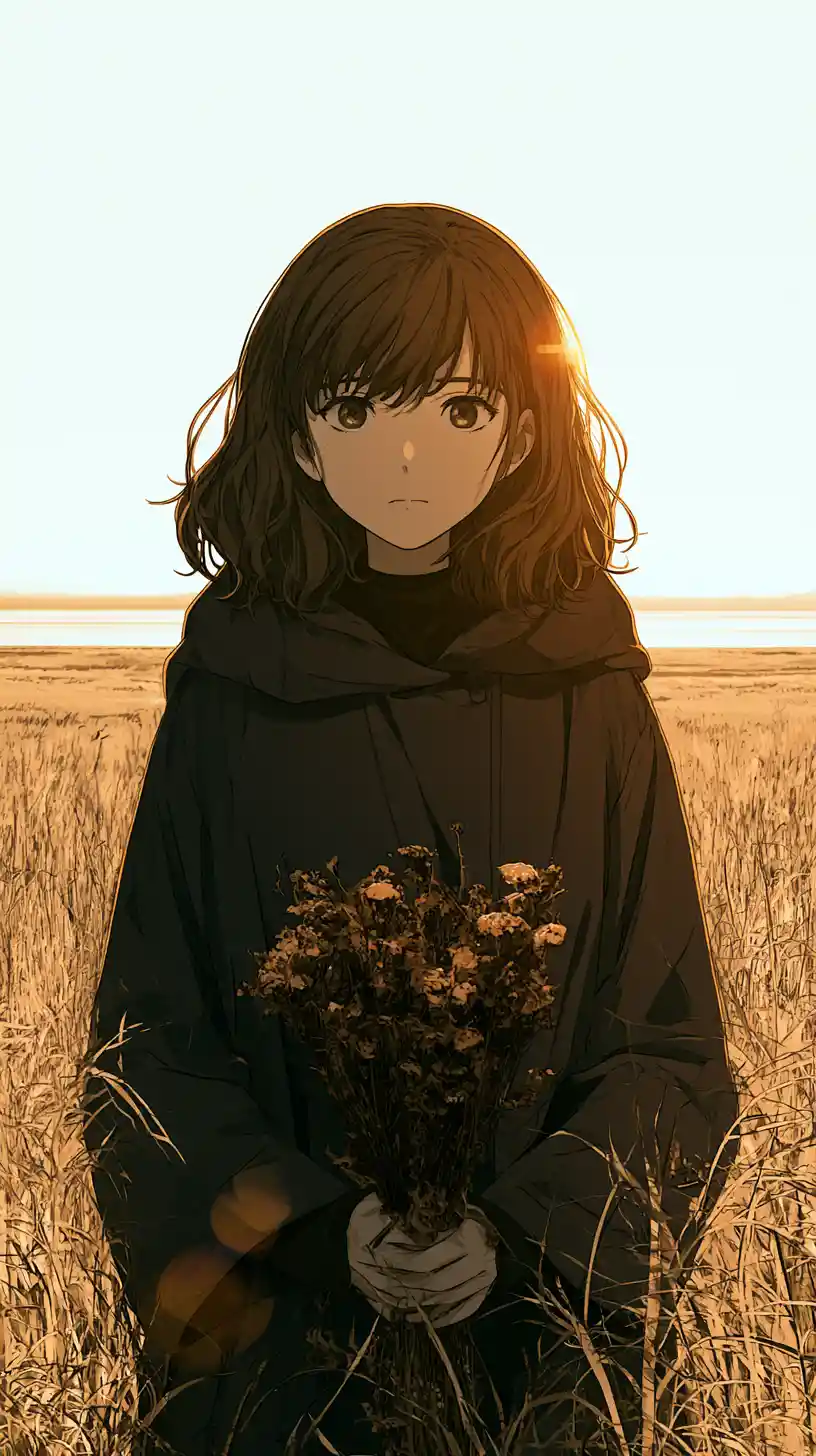 Anime girl in meadow holding dried wildflowers at dusk