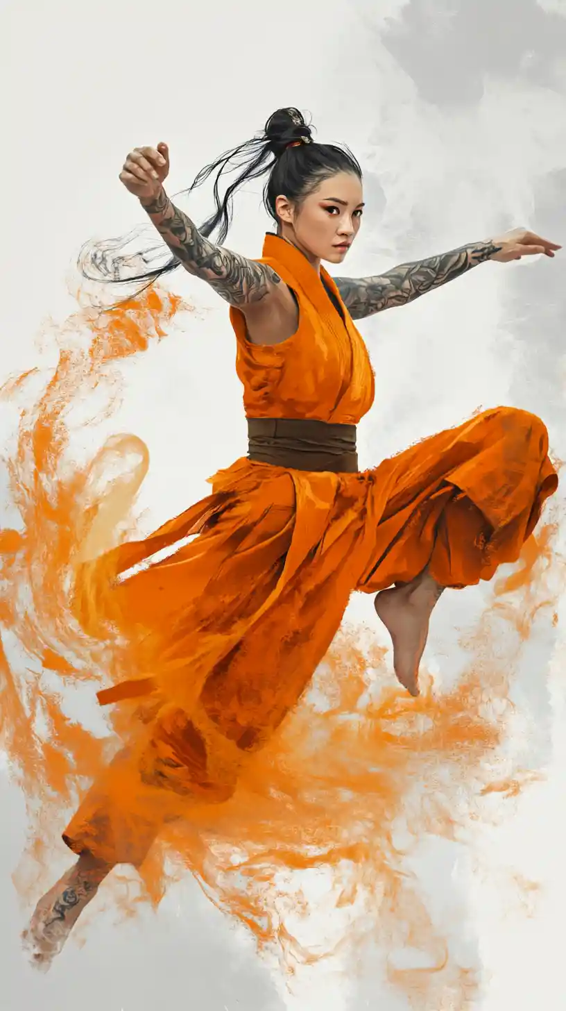 Asian warrior woman in flowing orange robes mid martial arts pose