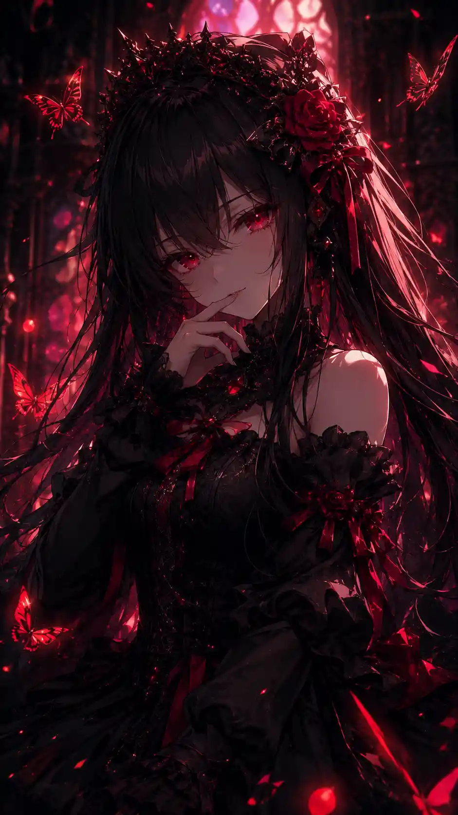 Gothic anime girl with crimson eyes in a dark fantasy scene