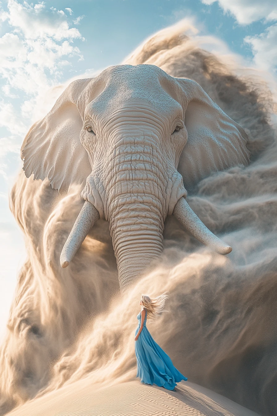 Surreal giant elephant rising from swirling desert sands