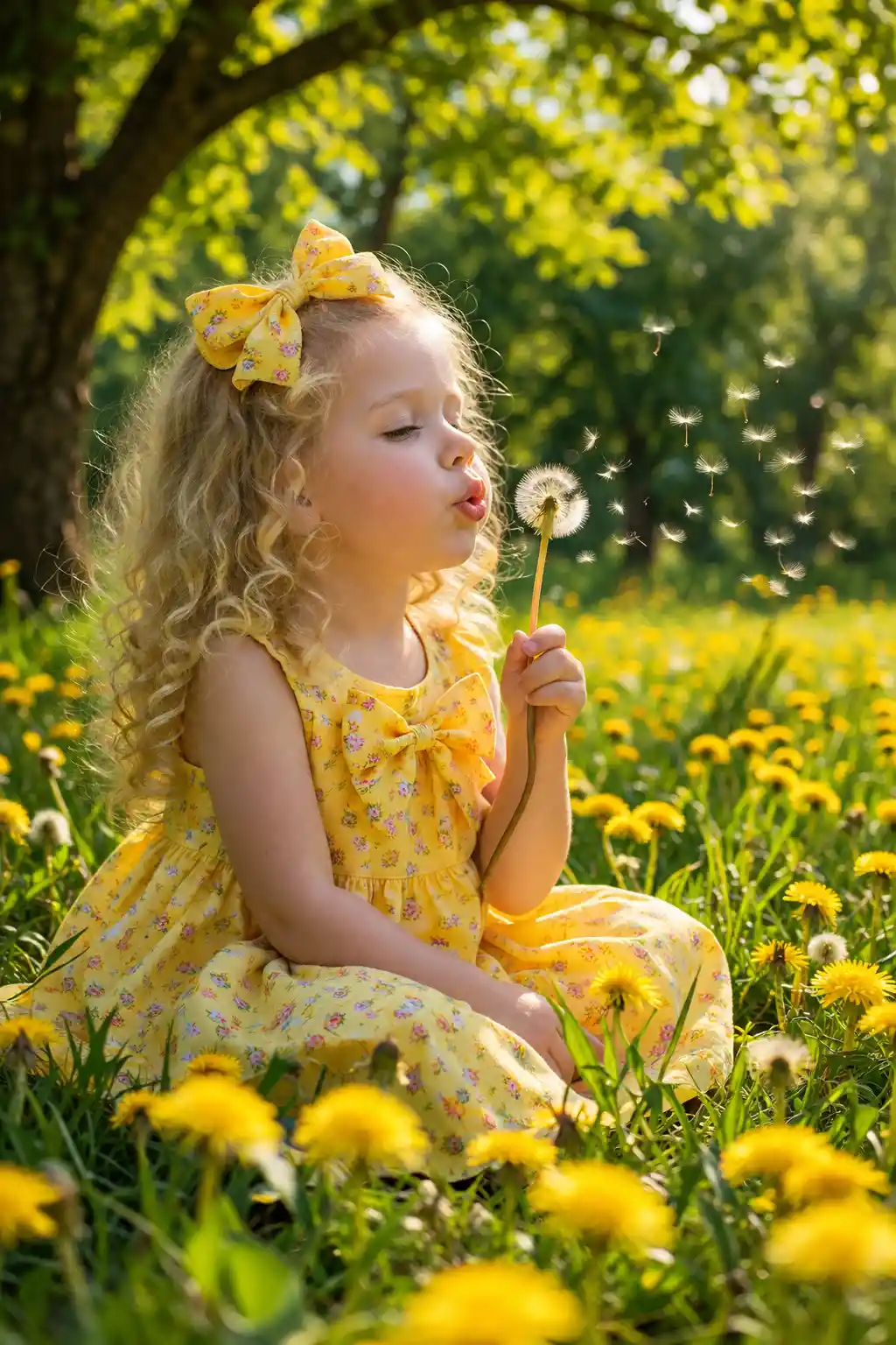 Young girl blowing dandelion seeds in a sunny meadow