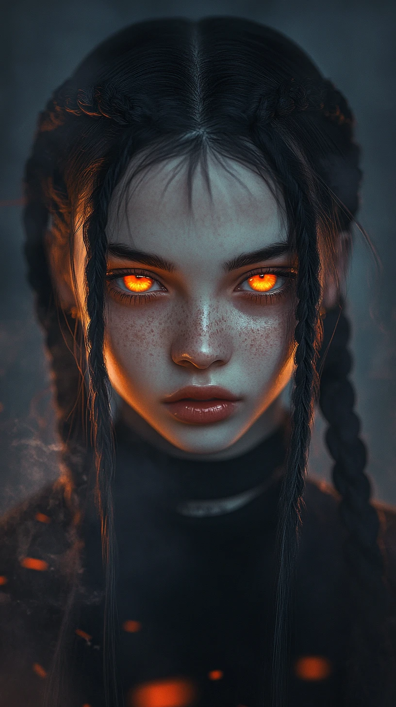 Gothic anime girl with glowing orange eyes in mist