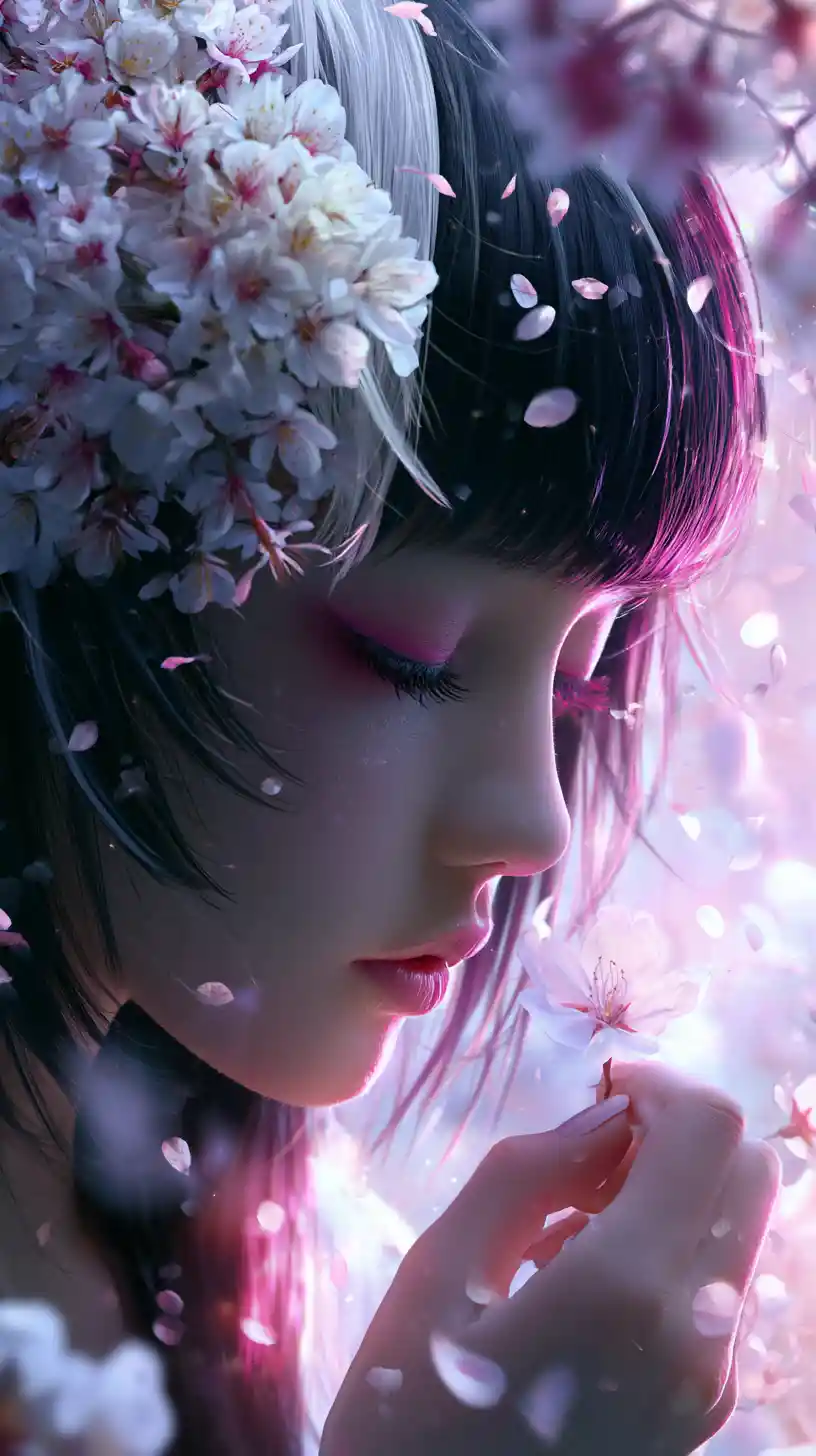 Anime woman with cherry blossoms in a dreamy garden