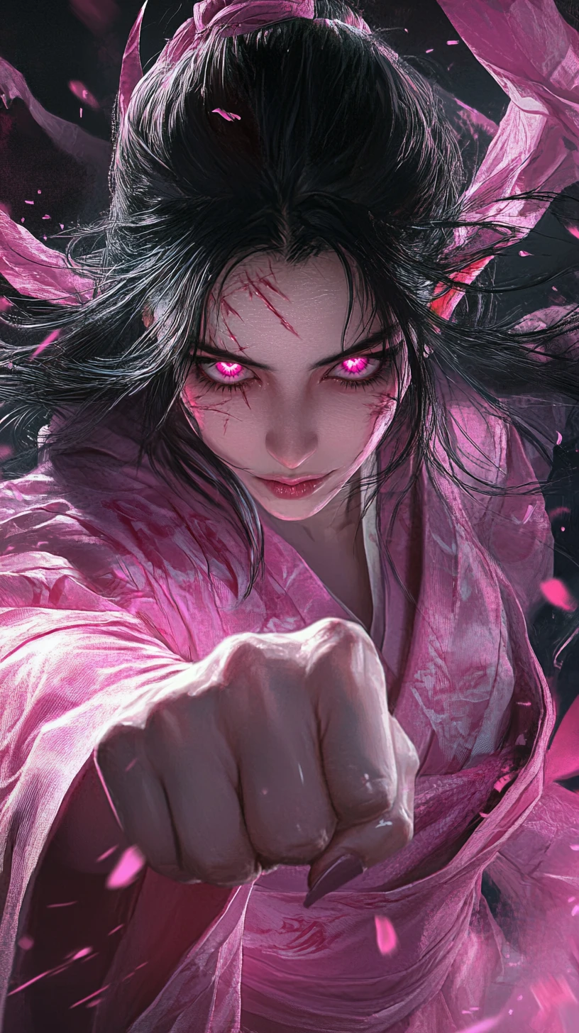 Demonic anime woman with glowing pink eyes and fist