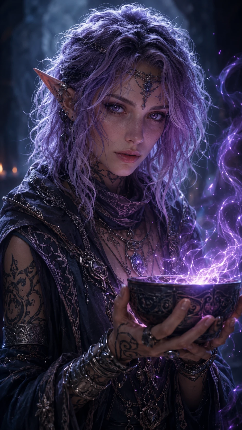 Elven sorceress holding a glowing magical bowl in a cave
