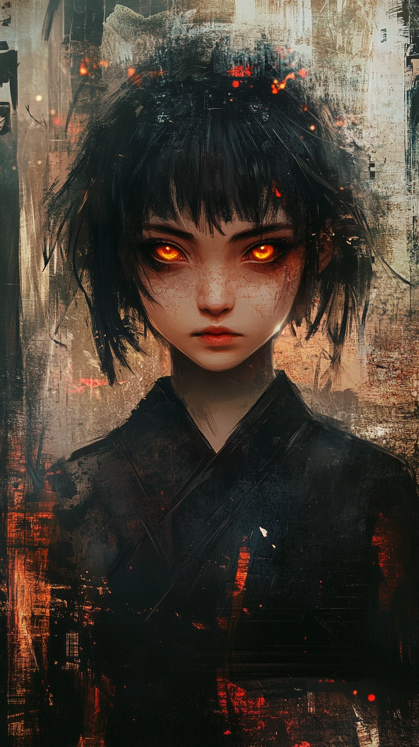Stoic anime girl in dark kimono with glowing amber eyes