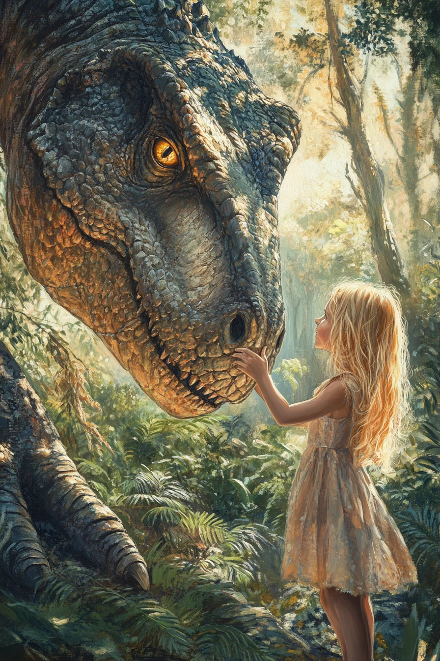 Young girl touching a t rex in a sunlit forest