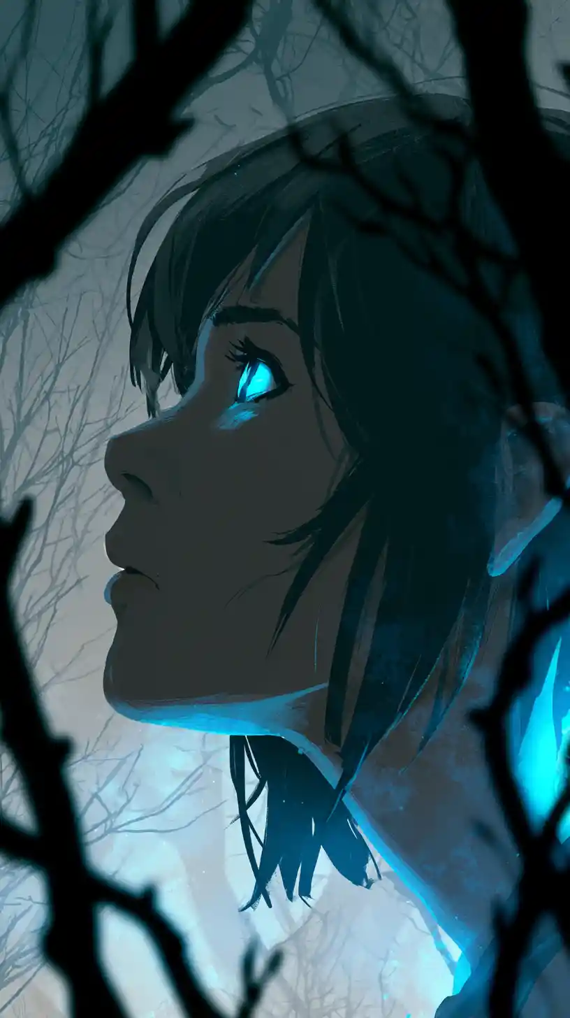 Anime girl in profile glowing in a misty blue forest