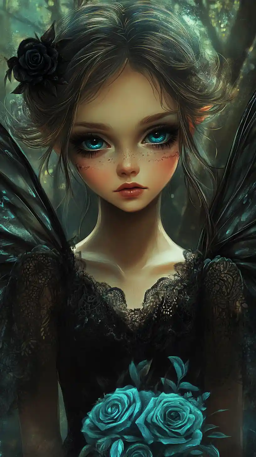 Melancholic fairy girl with teal roses in dark forest