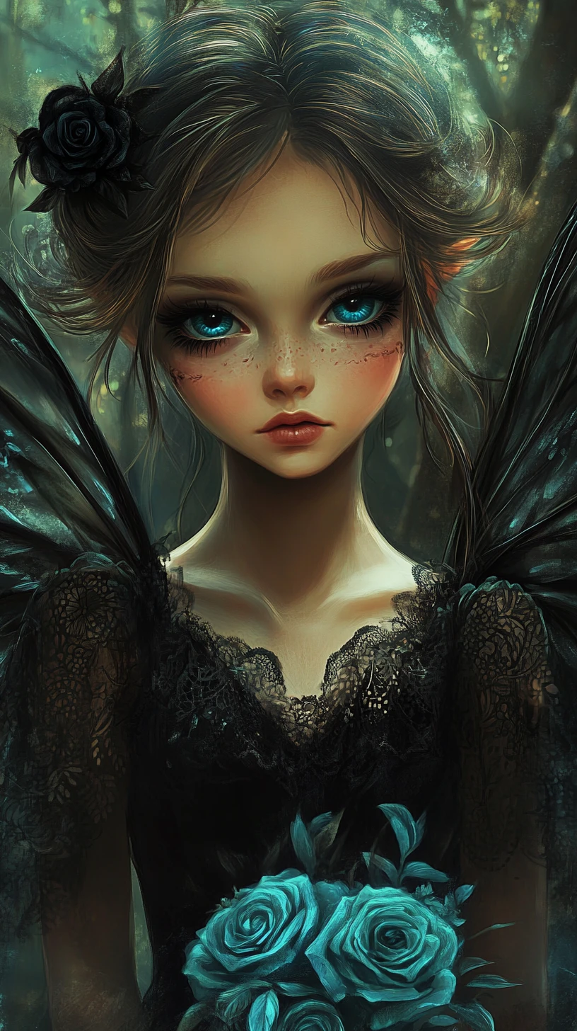 Melancholic fairy girl with teal roses in dark forest