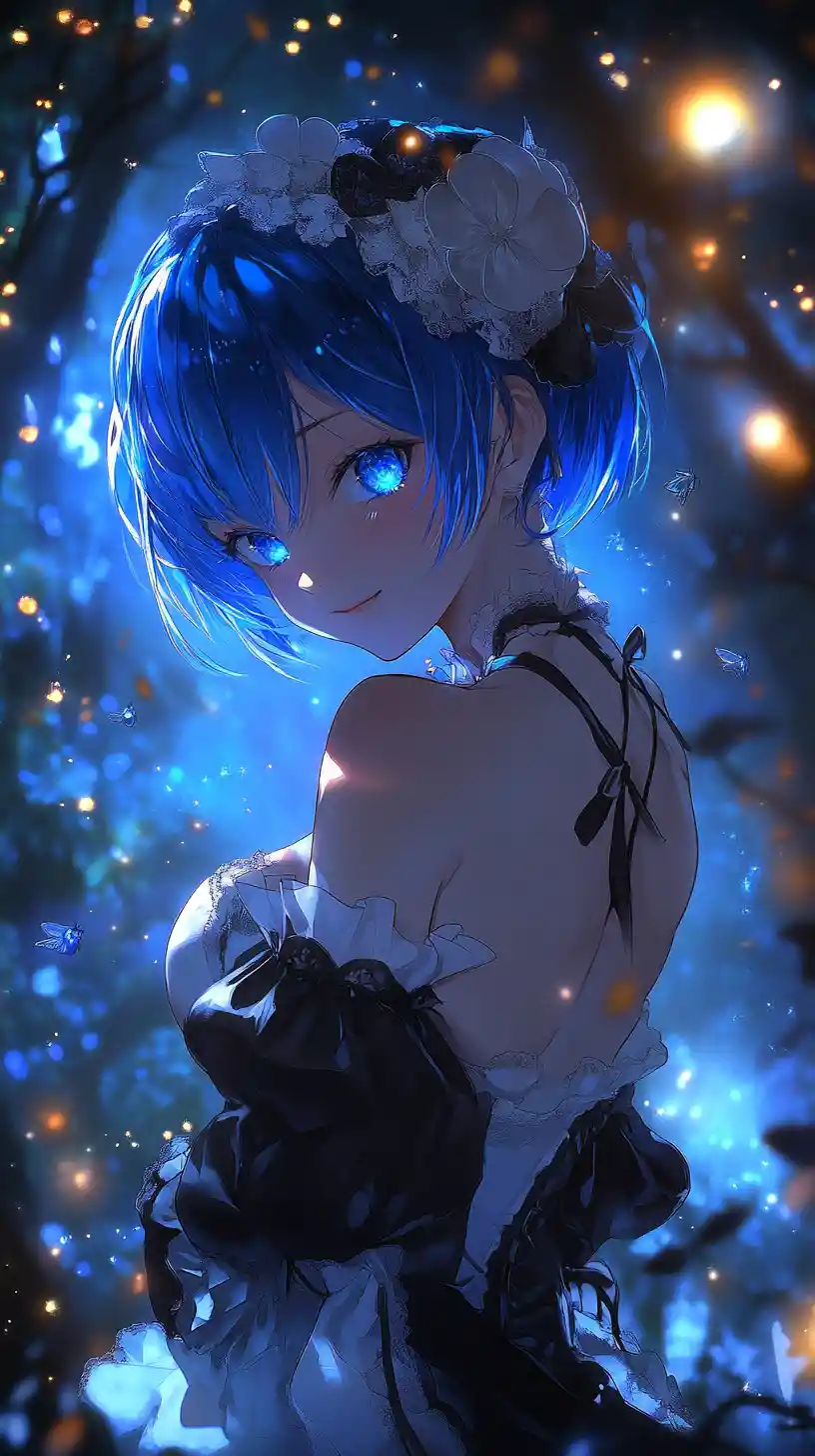 Blue haired anime maid girl in glowing forest