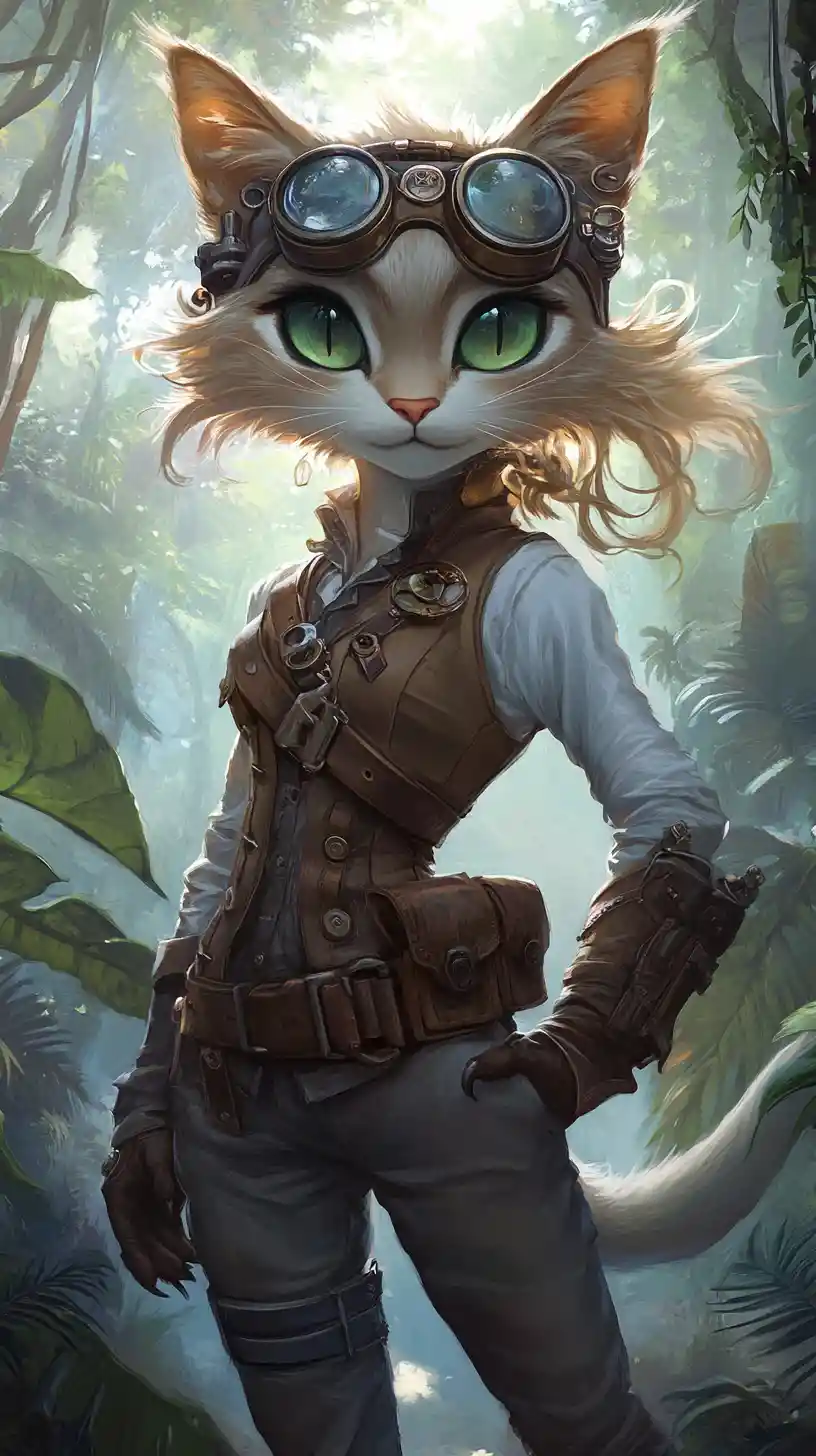 Steampunk cat girl adventurer in a misty jungle