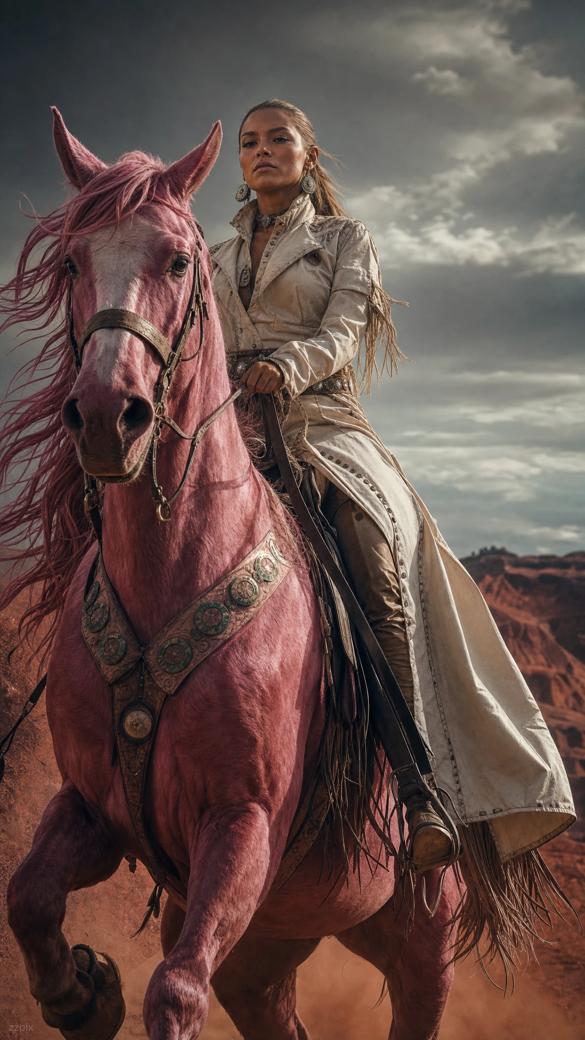 Indigenous woman riding pink stallion across red hills