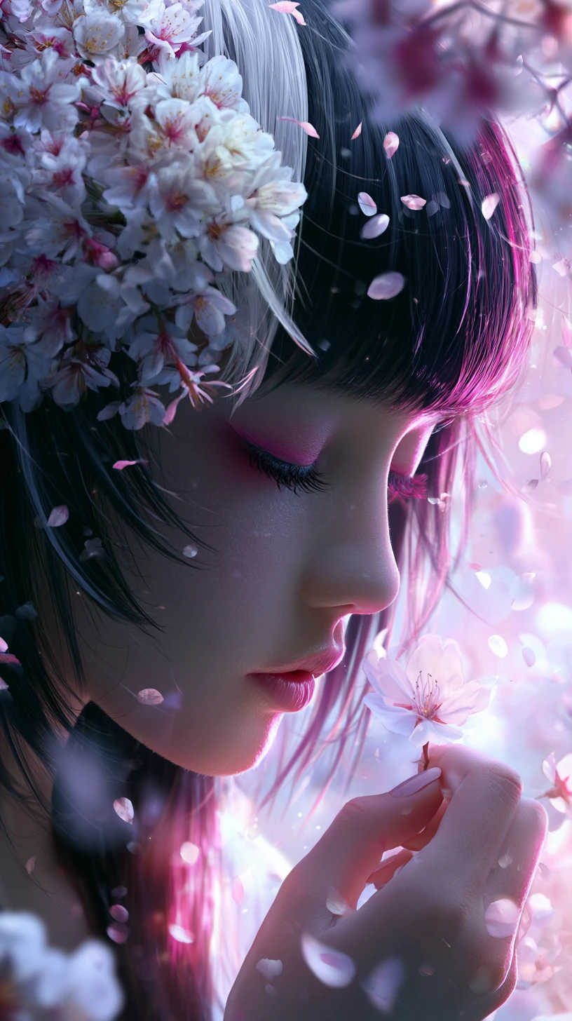 Anime woman with cherry blossoms in a dreamy garden