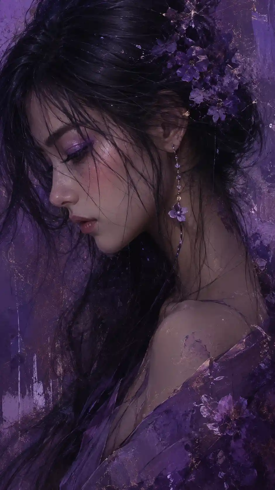 Melancholic girl profile in soft purple digital illustration