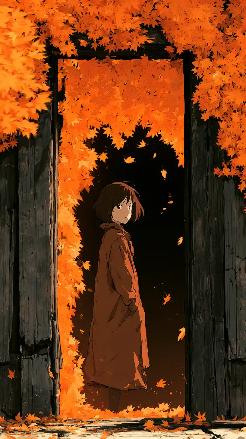 Girl in long coat at dark doorway with autumn leaves