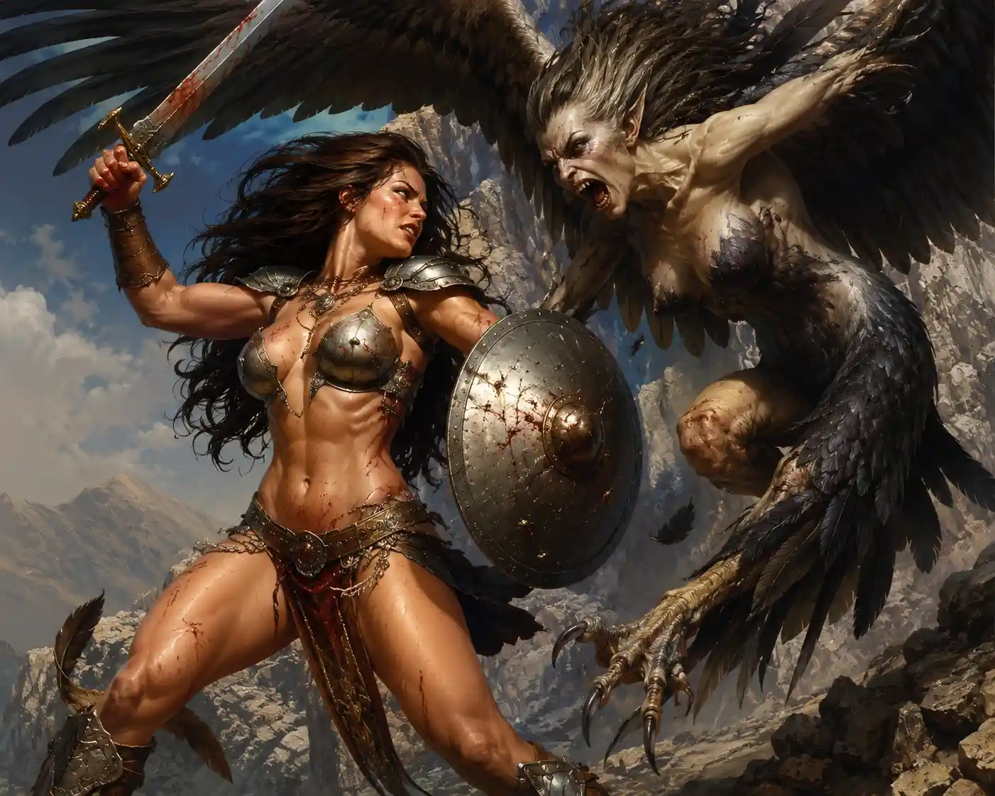 Fierce female warrior battling harpie in mountain pass