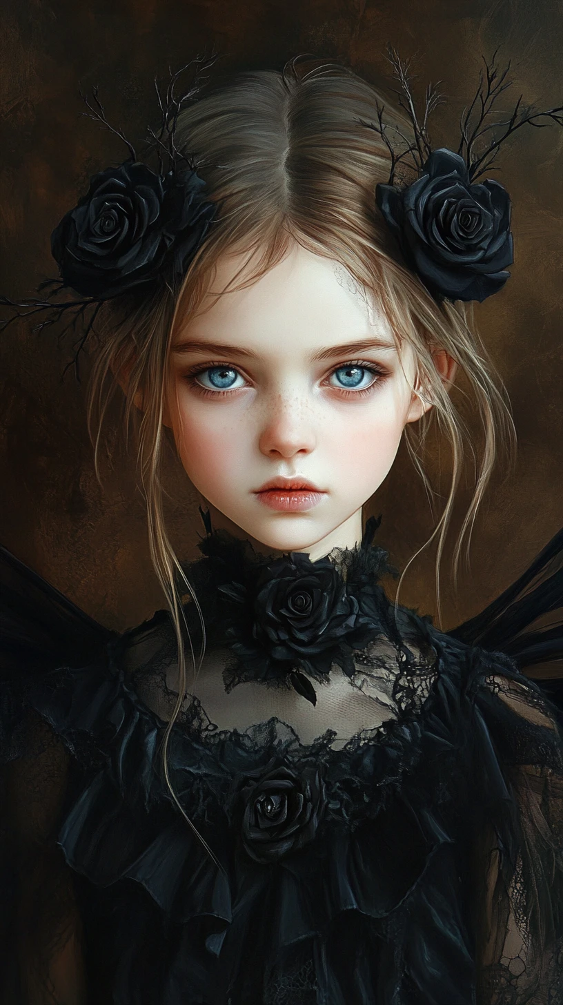Gothic fairy girl portrait with luminous blue eyes