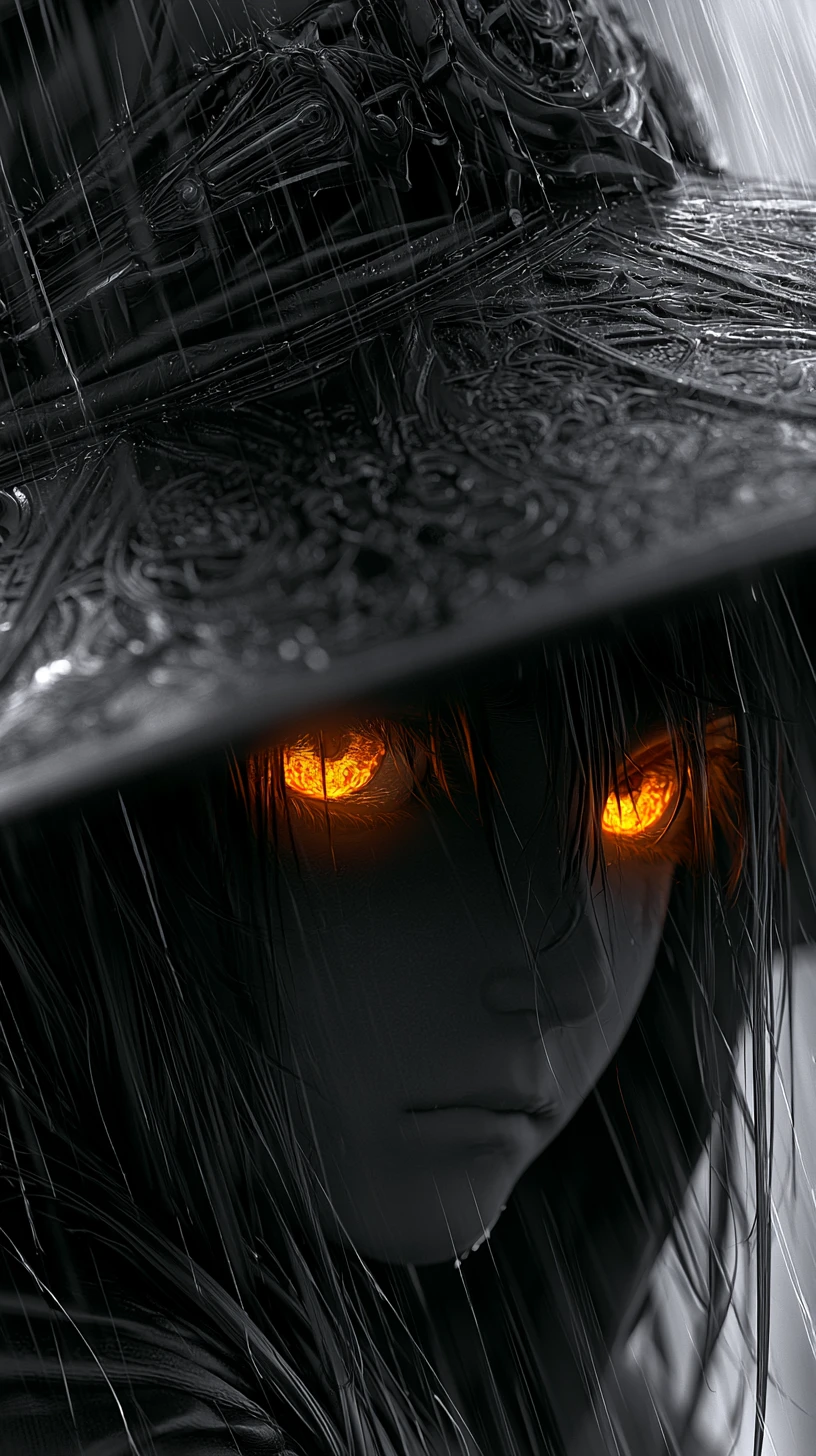 Anime witch girl with glowing eyes in heavy rain