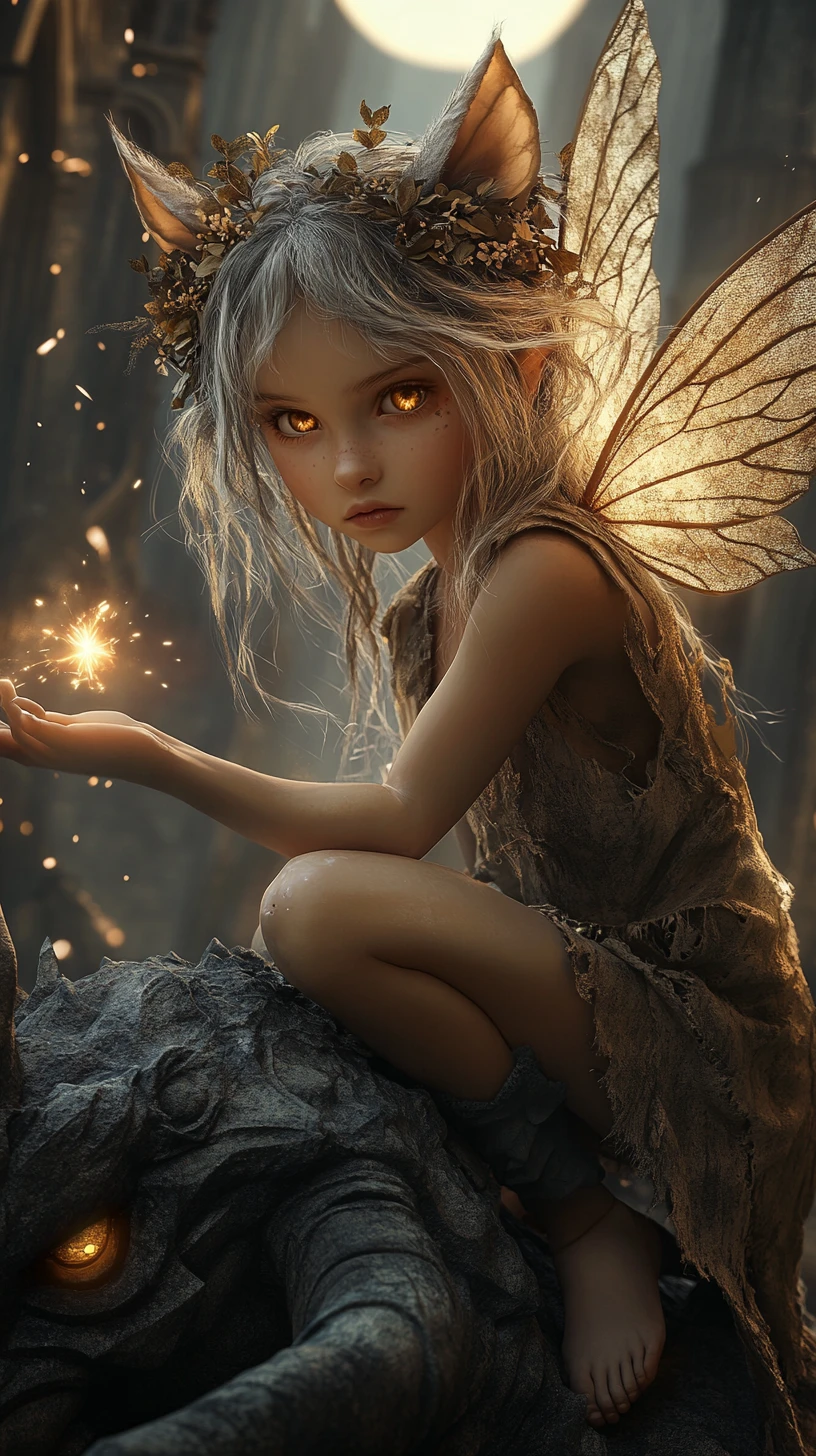 Mischievous fairy on a stone gargoyle under a full moon