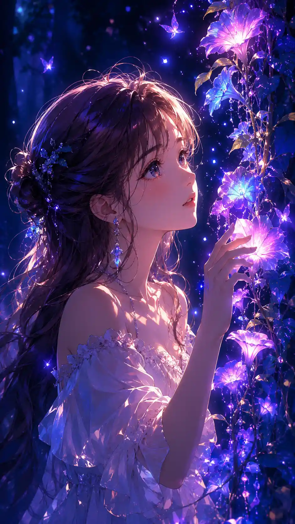 Anime girl touching glowing flowers in dark forest