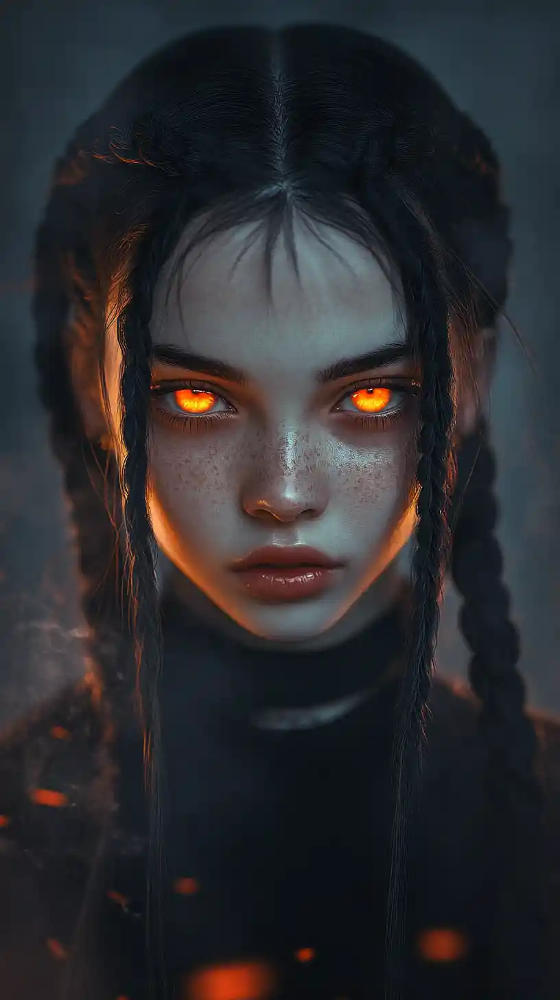 Gothic anime girl with glowing orange eyes in mist
