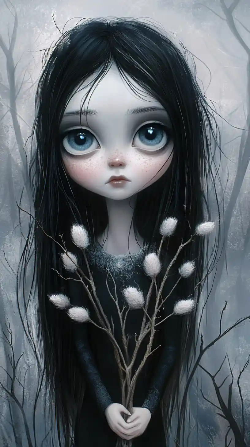 Melancholic girl with willow bouquet in misty forest