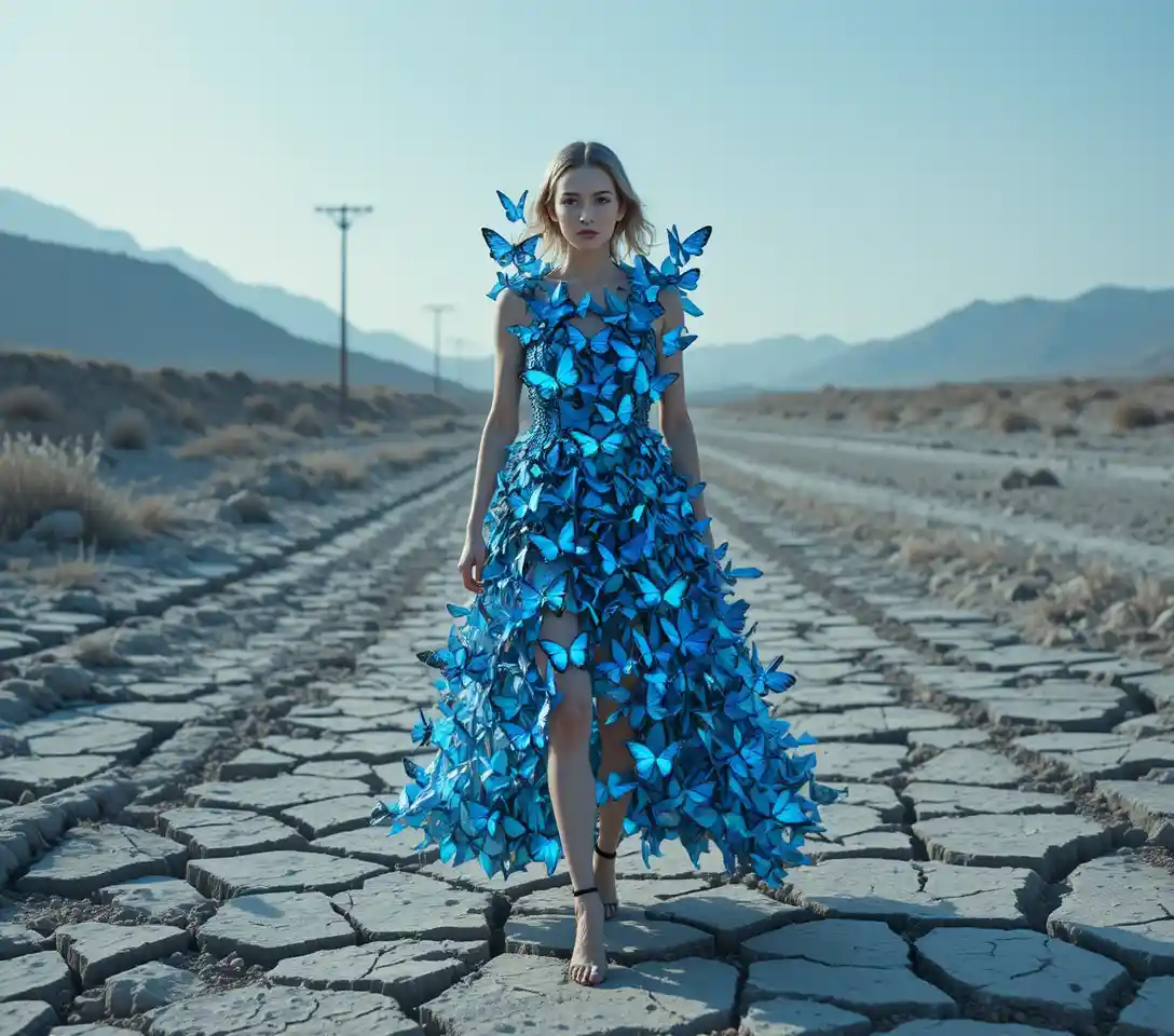 Model in glowing butterfly dress on cracked riverbed
