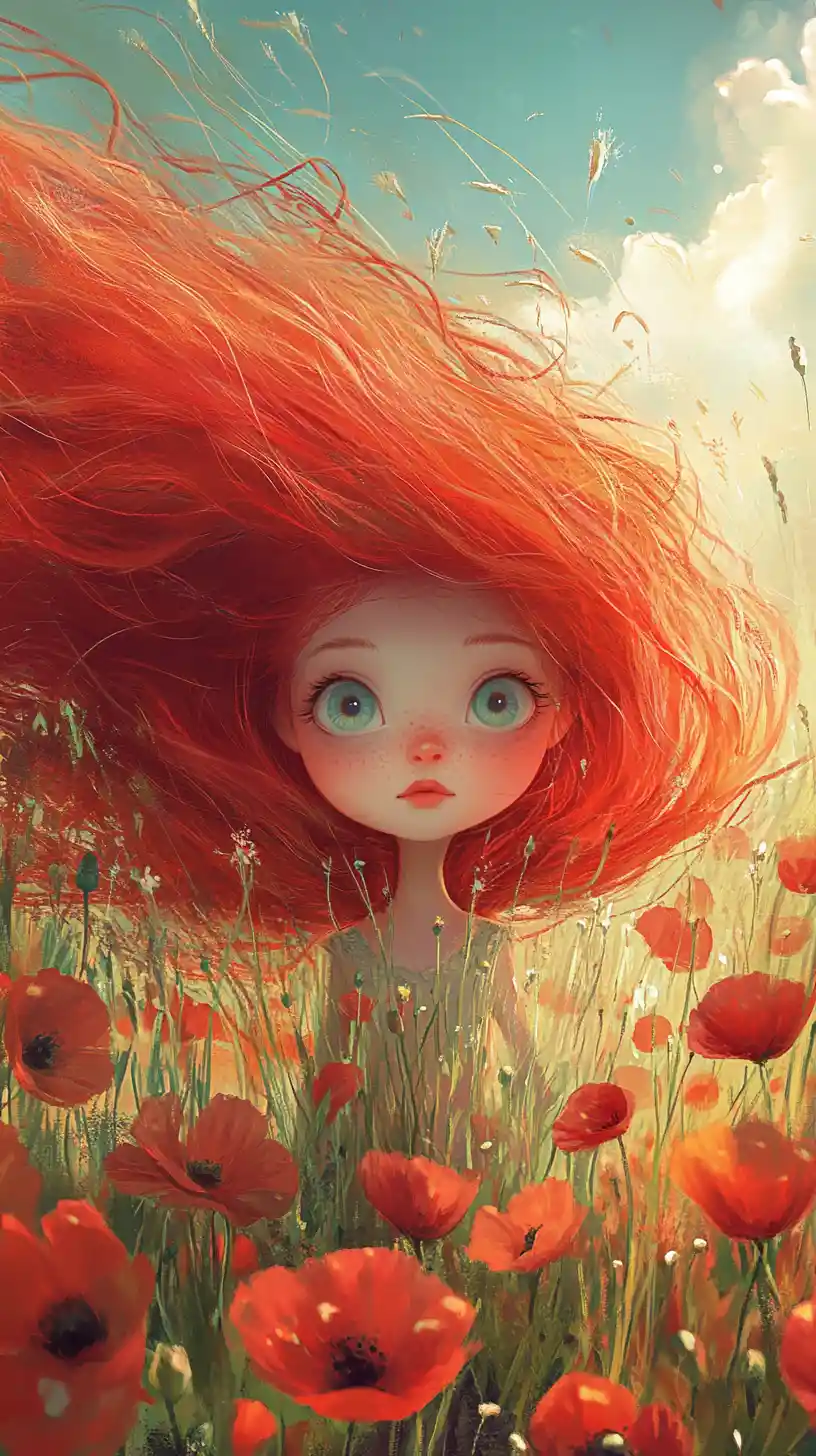 Dreamy Red Haired Girl In Sunlit Poppy Field