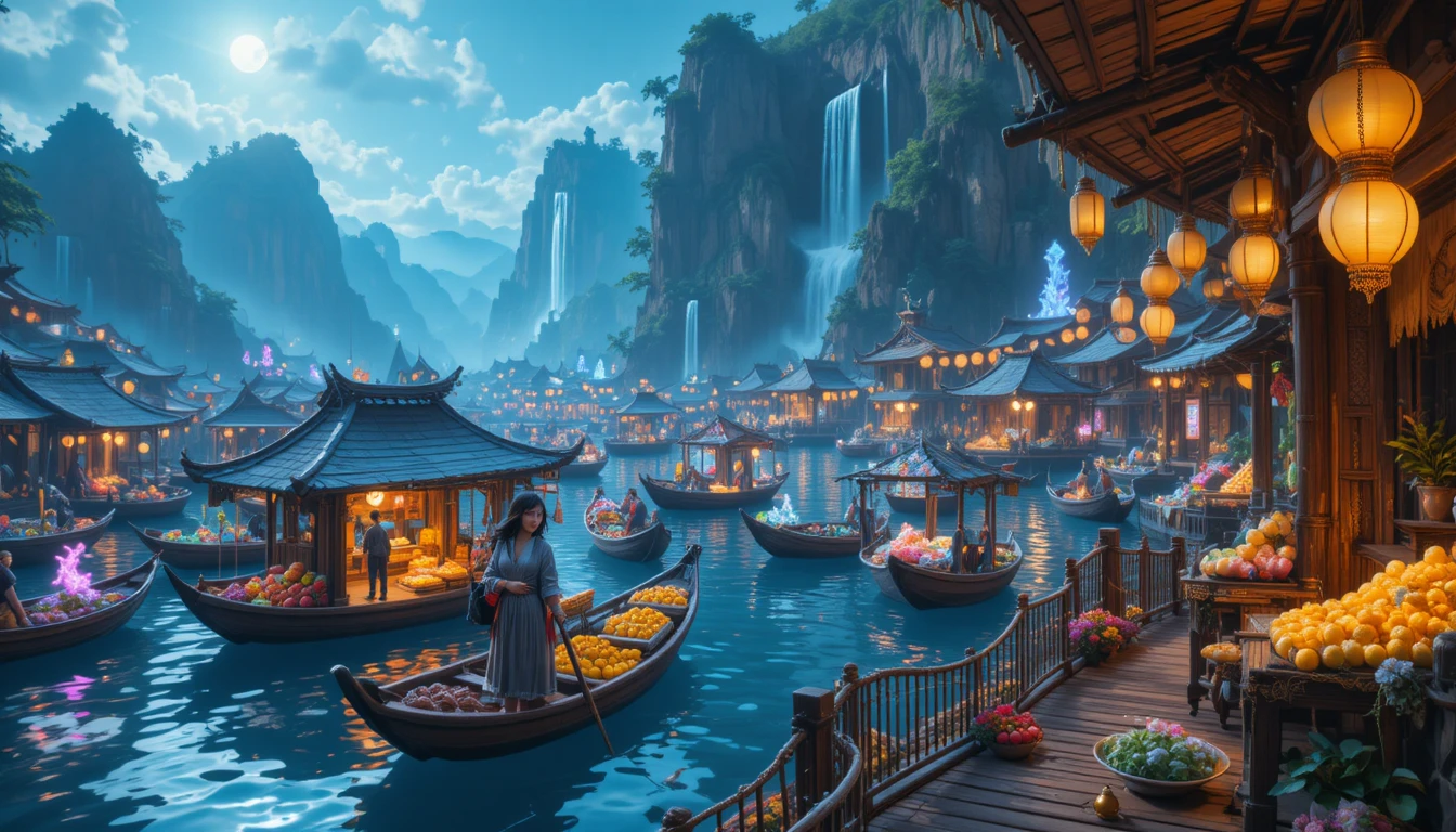Young merchant in a glowing fantasy lakeside market at night