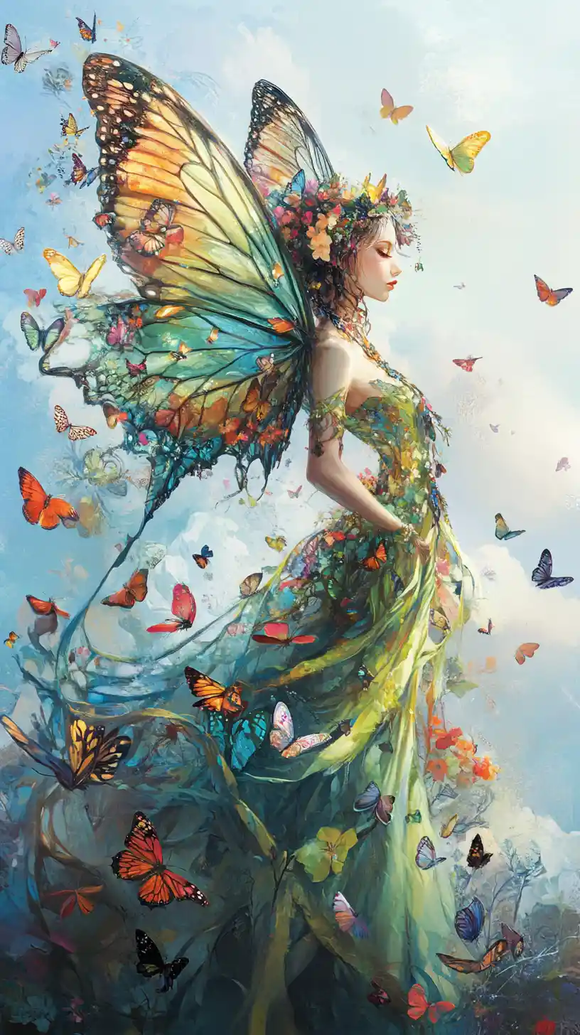 Serene fantasy empress with living butterfly wings