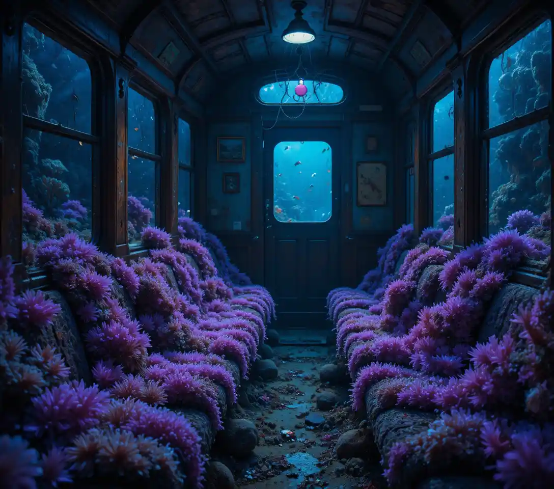 Underwater train carriage with glowing anglerfish and sea anemones